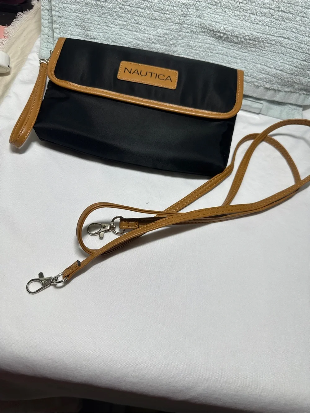Nautica Black and Tan Wristlet Clutch with crossbody strap NWT
